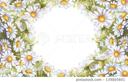 A botanical rectangular watercolor frame filled with lush bouquets of chamomile and fresh green grass. A frame with white daisies and an empty space for custom text. This vibrant summer template is A botanical rectangular watercolor frame filled with lush bouquets of chamomile and fresh green grass. A frame with white daisies and an empty space for custom text. This vibrant summer template is 139805601