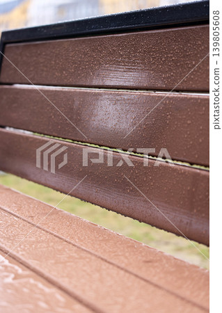 High-resolution macro of water surface tension and droplets on a textured synthetic wood material High-resolution macro of water surface tension and droplets on a textured synthetic wood material 139805608