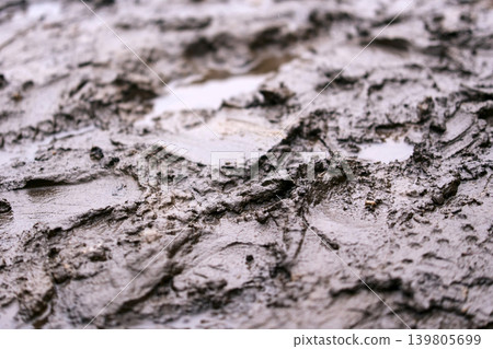 Symbol of struggle and grit: Extreme close-up of thick, heavy mud on a rural road Symbol of struggle and grit: Extreme close-up of thick, heavy mud on a rural road 139805699