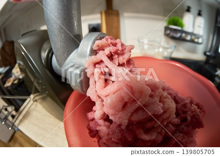 Detailed image of fresh ground pork showing marbling textures clearly. Detailed shot of raw ground pork with visible fat marbling in ceramic bowl Detailed image of fresh ground pork showing marbling textures clearly. Detailed shot of raw ground pork with visible fat marbling in ceramic bowl 139805705