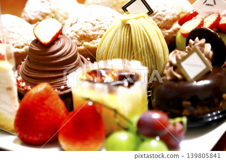 Delicious-looking shortcake and fruit arranged on a plate Delicious-looking shortcake and fruit arranged on a plate 139805841