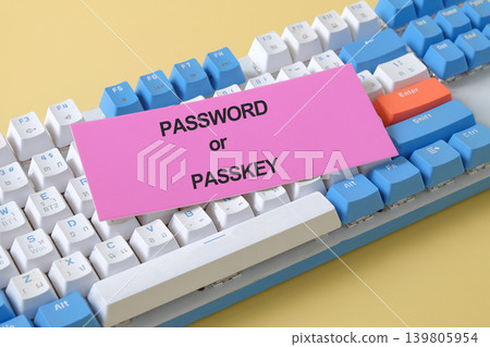 Text password or passkey on short note paper over keyboard. 139805954