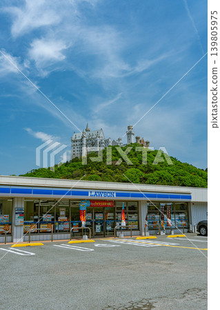 Japan: Convenience stores, blue skies, Neuschwanstein Castle in Hyogo, and Swan Castle in Taiyo Park 139805975