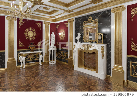 Ornate Luxury Palace Interior With Marble Fireplace, Gold Chandeliers and Classical Statues in Red Salon. 3d render Ornate Luxury Palace Interior With Marble Fireplace, Gold Chandeliers and Classical Statues in Red Salon. 3d render 139805979