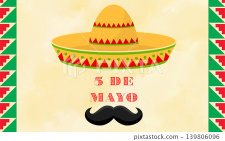 Cinco de Mayo celebration with a brightly coloured hat and a Mexican moustache. Ideal for banners and print designs 139806096