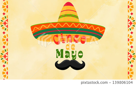 Cinco de Mayo celebration with a brightly coloured hat and a Mexican moustache. Ideal for banners and print designs 139806104