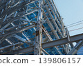 Steel frame construction site with horizontal netting 139806157