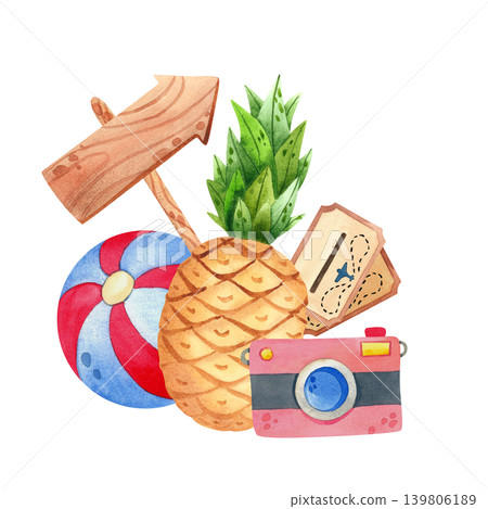 Summer composition with a pineapple, beach ball, and camera, isolated. Hand-drawn watercolor illustration of a tropical vacation. Exotic fruits and travel items for postcards, prints, and labels. Summer composition with a pineapple, beach ball, and camera, isolated. Hand-drawn watercolor illustration of a tropical vacation. Exotic fruits and travel items for postcards, prints, and labels. 139806189