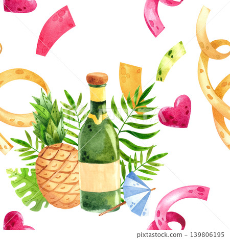 Summer seamless pattern with pineapples and champagne with festive confetti. Watercolor hand drawn party favor ornament. Suitable for cards, packaging, fabric, and birthdays. Summer seamless pattern with pineapples and champagne with festive confetti. Watercolor hand drawn party favor ornament. Suitable for cards, packaging, fabric, and birthdays. 139806195