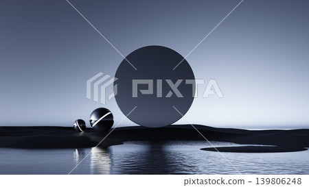 3D render, Abstract black spheres and large circle over reflective water in futuristic minimalist landscape 3D render, Abstract black spheres and large circle over reflective water in futuristic minimalist landscape 139806248
