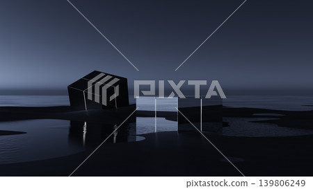 3D render, Abstract black cube and mirror panels on dark reflective water for futuristic minimalist design 3D render, Abstract black cube and mirror panels on dark reflective water for futuristic minimalist design 139806249