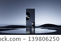 3D render, Abstract black portal with reflective spheres over calm water in futuristic minimalist landscape 139806250