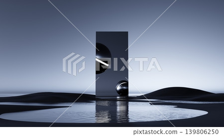 3D render, Abstract black portal with reflective spheres over calm water in futuristic minimalist landscape 3D render, Abstract black portal with reflective spheres over calm water in futuristic minimalist landscape 139806250