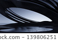 3D render, Abstract black curved structure over reflective water in dark futuristic minimalist landscape 139806251