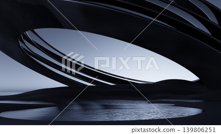 3D render, Abstract black curved structure over reflective water in dark futuristic minimalist landscape 3D render, Abstract black curved structure over reflective water in dark futuristic minimalist landscape 139806251