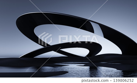 3D render, Abstract black curved rings over reflective water in futuristic minimalist landscape design 139806252