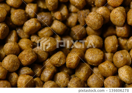 Pet food granules scattered on a surface, showcasing their round, textured forms in warm lighting Pet food granules scattered on a surface, showcasing their round, textured forms in warm lighting 139806278
