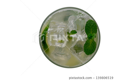 Top View of Mojito Cocktail in Tall Glass on White Background Top View of Mojito Cocktail in Tall Glass on White Background 139806519