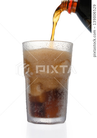 Coca-Cola Liquid Pouring from Bottle to Ice-Filled Glass Coca-Cola Liquid Pouring from Bottle to Ice-Filled Glass 139806529
