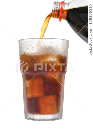 Pouring Coca-Cola from Bottle into Glass with Ice on White Pouring Coca-Cola from Bottle into Glass with Ice on White 139806530