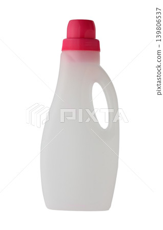 Empty plastic bottle for laundry fabric softener front view on white Empty plastic bottle for laundry fabric softener front view on white 139806537