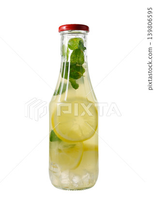 Glass Bottle with Cork Stopper Filled with Lemonade on White Glass Bottle with Cork Stopper Filled with Lemonade on White 139806595