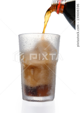 Coca-Cola Bottle Tilted Pouring into Iced Glass on White Coca-Cola Bottle Tilted Pouring into Iced Glass on White 139806596