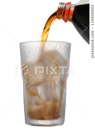 Dynamic Coca-Cola Pour from Bottle to Ice Glass on White Dynamic Coca-Cola Pour from Bottle to Ice Glass on White 139806602
