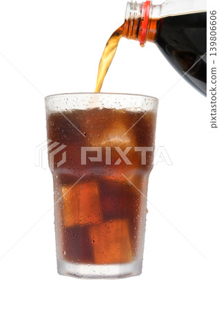 Coca-Cola Bottle Pouring into Frosted Glass on White Coca-Cola Bottle Pouring into Frosted Glass on White 139806606