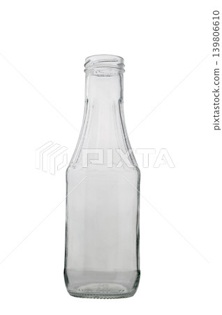 Clear Glass Sauce Bottle on White Clear Glass Sauce Bottle on White 139806610