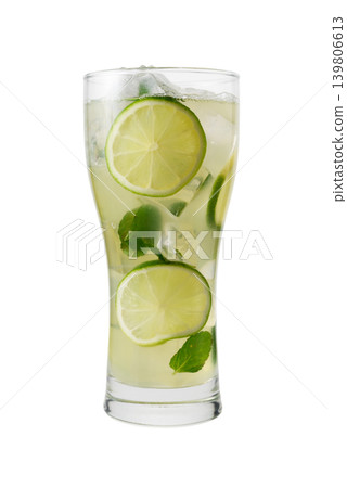 Tall Glass of Mojito Cocktail with Lemon and Ice on White Tall Glass of Mojito Cocktail with Lemon and Ice on White 139806613
