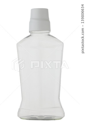 Empty clear PET bottle for mouthwash, plastic container, isolated on white. 139806634