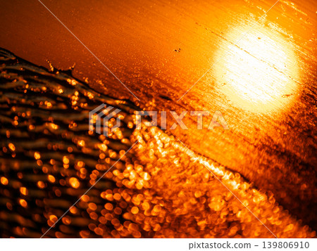 Abstract orange and black water surface reflection texture wallpaper. Artistic pattern with sunlight bokeh for background design. Abstract orange and black water surface reflection texture wallpaper. Artistic pattern with sunlight bokeh for background design. 139806910