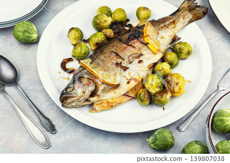 Fried Trout with Brussels Sprouts. Fried Trout with Brussels Sprouts. 139807038