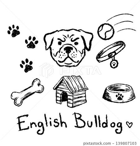 English Bulldog doodle set, hand drawn dog breed head with collar, ball and house. Sketch pet animal elements, canine portrait. English Bulldog collection 139807103