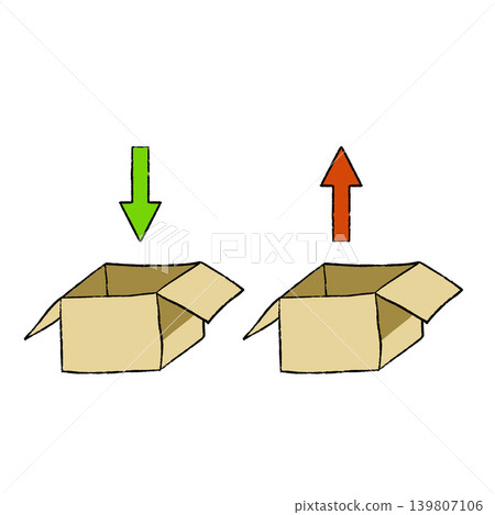 Isometric beige open box set, hand drawn cardboard carton package sketch. Green down arrow, red up arrow sign, import export trade flow. Delivery shipping concept. 139807106