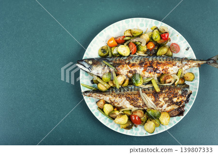 Grilled Mackerel with Pineapple Garnish Grilled Mackerel with Pineapple Garnish 139807333