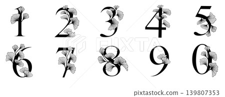 Ginkgo biloba leaves alphabet number. Badge and icon in trendy linear hand drawn style. Vector number and ginkgo branch. Illustration for cosmetics, medicines, organic food, wedding Ginkgo biloba leaves alphabet number. Badge and icon in trendy linear hand drawn style. Vector number and ginkgo branch. Illustration for cosmetics, medicines, organic food, wedding 139807353