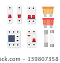 Electric fuse circuit Vector breaker box illustration. Vector safety device for home electrical protection systems. Energy control equipment isolated on white background. 139807358