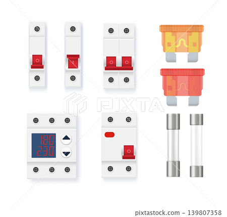 Electric fuse circuit Vector breaker box illustration. Vector safety device for home electrical protection systems. Energy control equipment isolated on white background. 139807358