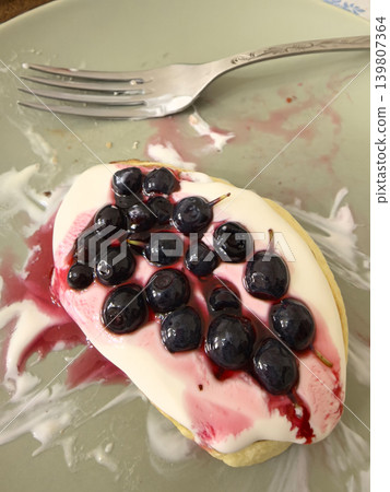 Delicious pancake topped with fresh blueberries and berry sauce on a plate Delicious pancake topped with fresh blueberries and berry sauce on a plate 139807364