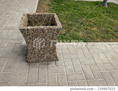 Square Concrete Pebble Texture Planter on Walkway Square Concrete Pebble Texture Planter on Walkway 139807823