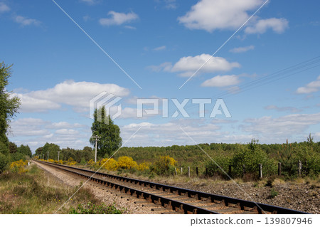 Single railway track and blue sky with white clouds, Aviemore, Scotland Single railway track and blue sky with white clouds, Aviemore, Scotland 139807946