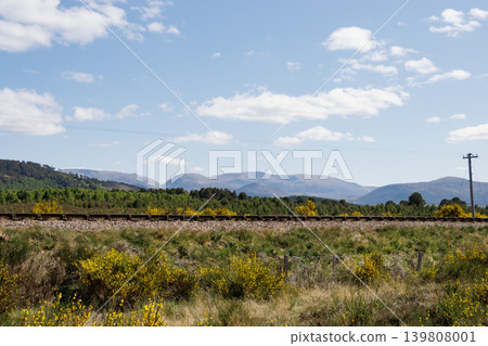Single railway track with Cairngorm mountains in background, Aviemore, Scotland Single railway track with Cairngorm mountains in background, Aviemore, Scotland 139808001