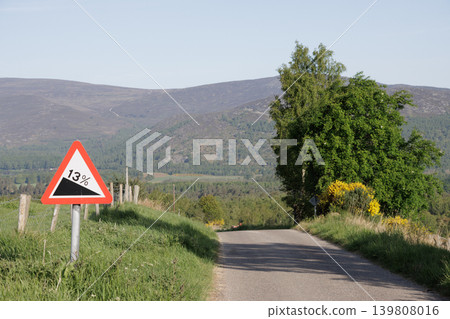 Gradient road sign on an empty single lane mountain road in Scotland Gradient road sign on an empty single lane mountain road in Scotland 139808016
