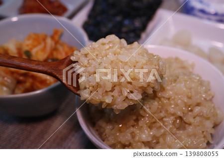 Spoonful of Steamed Rice with Kimchi Background Spoonful of Steamed Rice with Kimchi Background 139808055