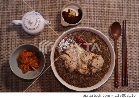 Korean Chicken Soup with Kimchi and Tea Set Korean Chicken Soup with Kimchi and Tea Set 139808116