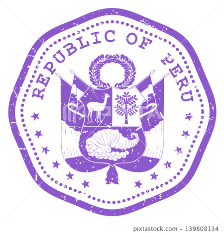 Peru stamp with state seal or coat of arms, Latin America travel stamp, shabby postmark of Peru, vector Peru stamp with state seal or coat of arms, Latin America travel stamp, shabby postmark of Peru, vector 139808134