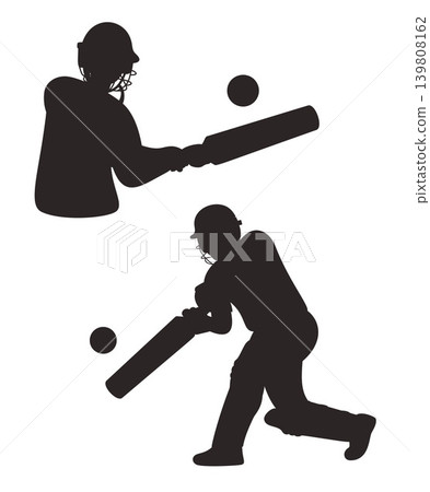 Cricket Batsmen Silhouettes Set. Professional Players In Helmets With Bats and Ball in Full Height figure of player In Action Poses. Vector Illustration. Isolated Black Drawings. Cricket Batsmen Silhouettes Set. Professional Players In Helmets With Bats and Ball in Full Height figure of player In Action Poses. Vector Illustration. Isolated Black Drawings. 139808162