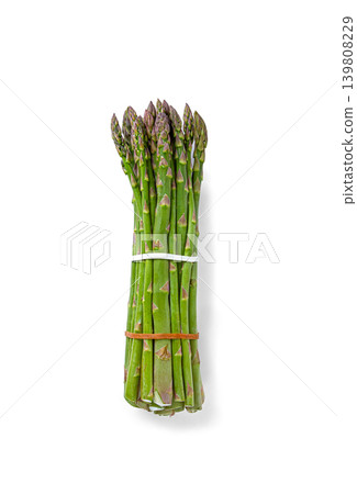 A bunch of fresh asparagus, on a white background, top view, no people, A bunch of fresh asparagus, on a white background, top view, no people, 139808229